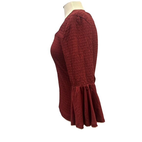 Anthropologie Smocked Bell Sleeve Top Women’s Small Wine Burgundy Textured Knit - Picture 2 of 10